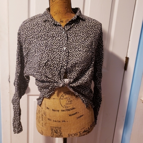 Vintage 90s Campagnie Internationale Button Shirt Top Blouse Black White Floral - Picture 1 of 9